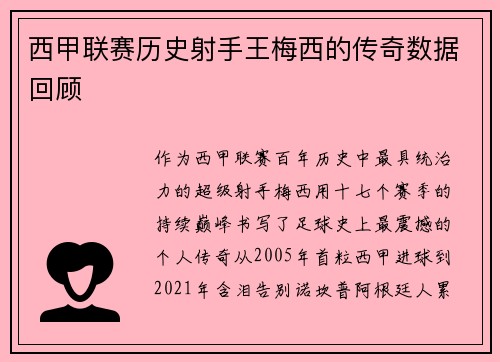 西甲联赛历史射手王梅西的传奇数据回顾